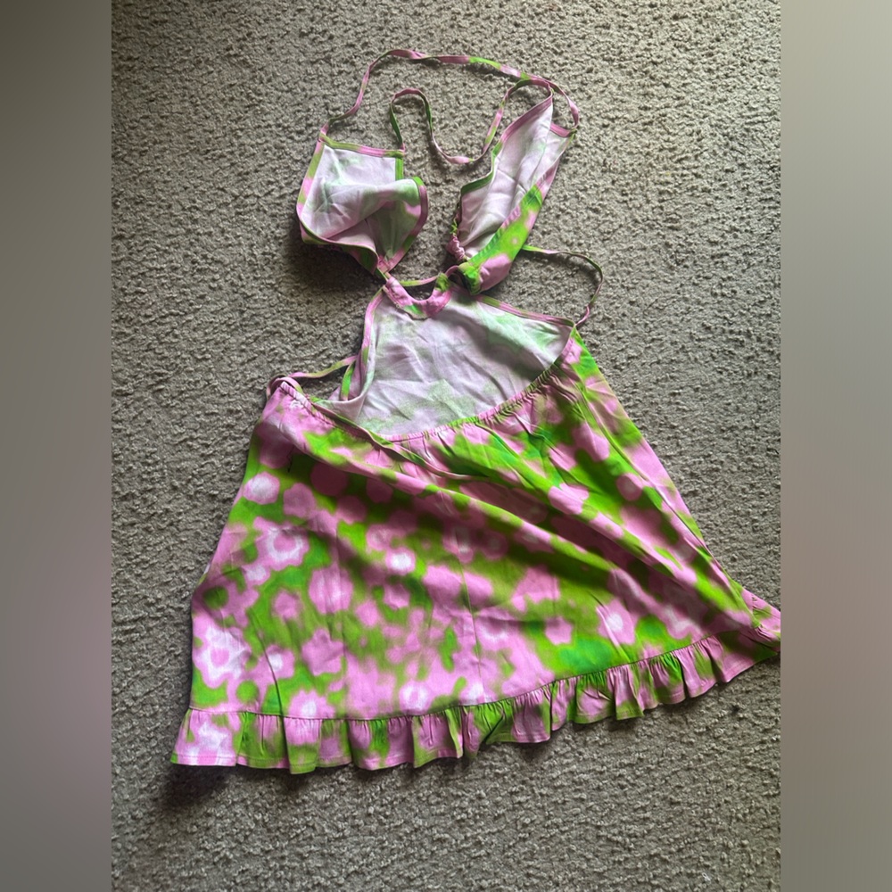 ASOS Pink & Green Floral Backless Mini Dress Size 12 - Picture 2 of 3